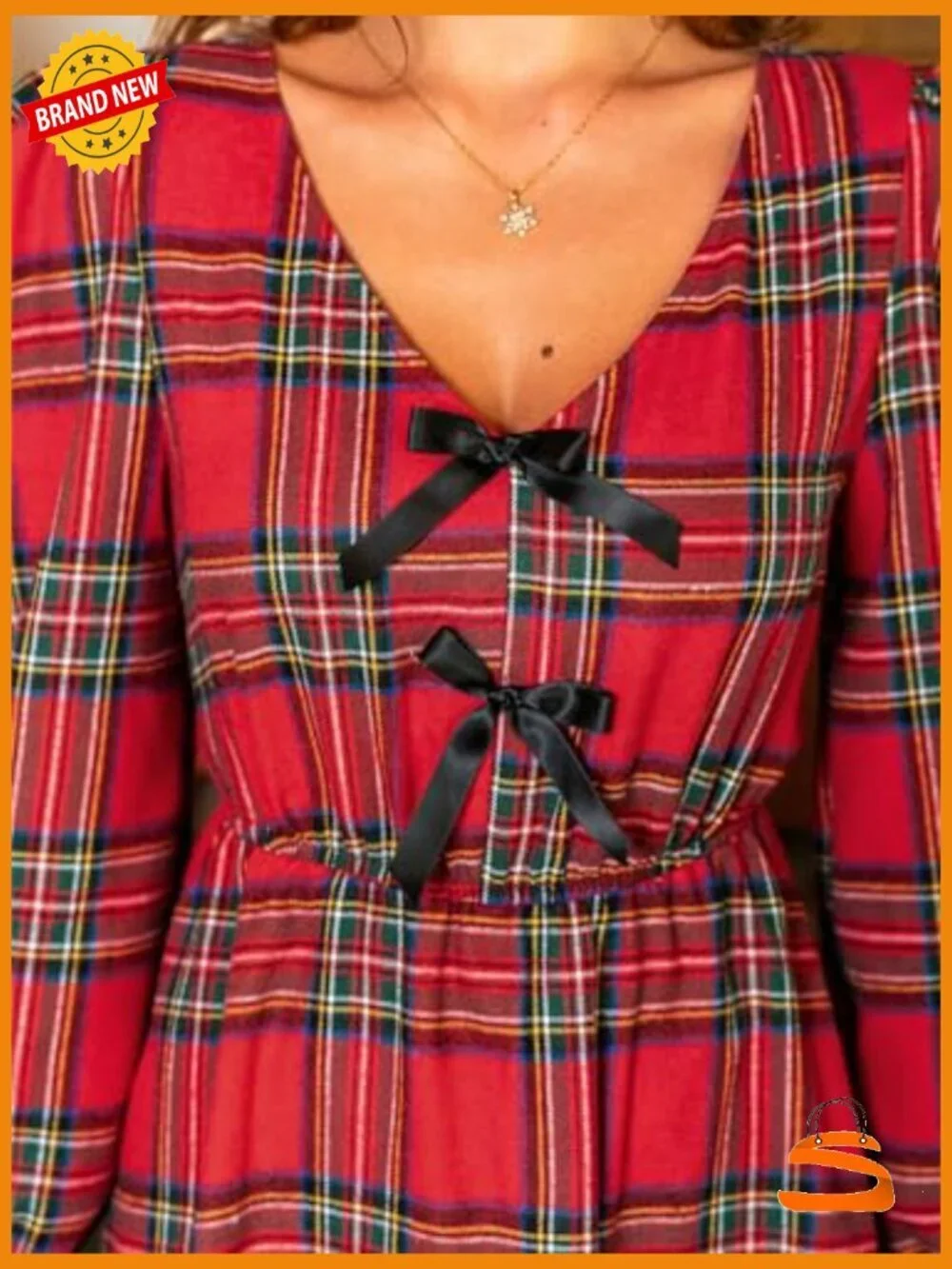 Plaid V Neck Bowknot Long Sleeve Smocked A Line Babydoll Mini Dress